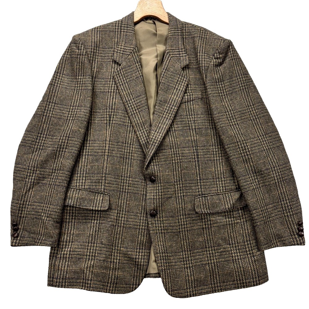 Members‎ Only Sport Coat Mens 46L Brown Plaid Shetland Wool Blazer Jacket